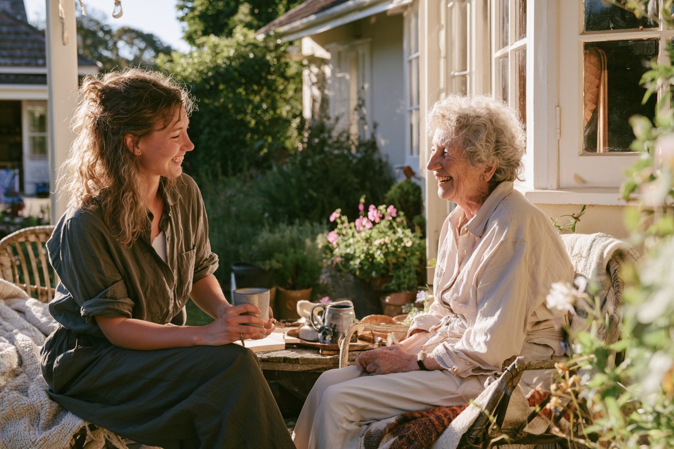 A caregiver and an elderly resident enjoying a sunny morning in the hospice garden