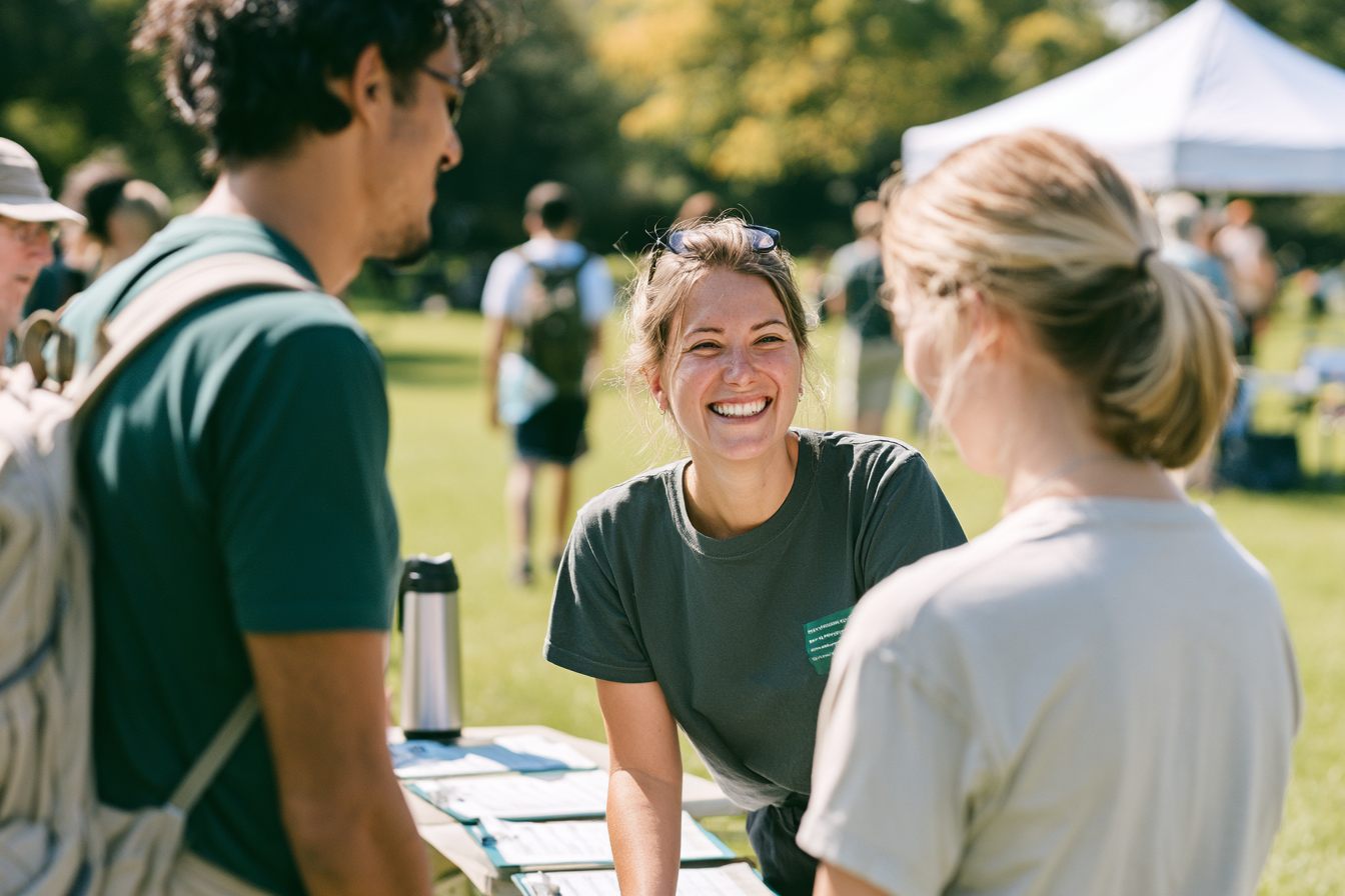 Volunteers welcoming visitors at a sign-up table on a sunny day